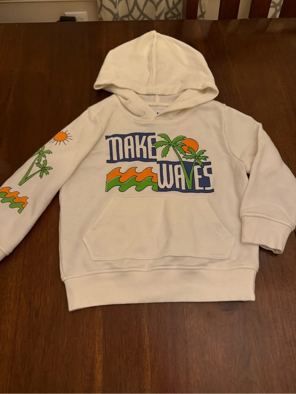 Old Navy Cream Hoodie with Blue, Green & Orange Surf Graphic